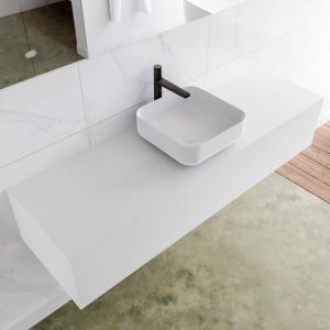 MONDIAZ LAGOM 150 badmeubel solid surface talc 1 lades BINX midden 1 kraangat