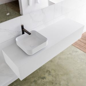 MONDIAZ LAGOM 150 badmeubel solid surface talc 1 lades BINX links 1 kraangat