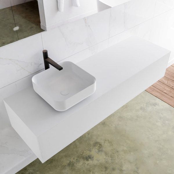 MONDIAZ LAGOM 150 badmeubel solid surface talc 1 lades BINX links 1 kraangat