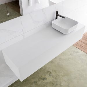 MONDIAZ LAGOM 150 badmeubel solid surface talc 1 lades BINX rechts 1 kraangat