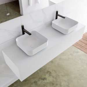 MONDIAZ LAGOM 150 badmeubel solid surface talc 1 lades BINX dubbel 2 kraangaten
