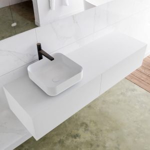 MONDIAZ LAGOM 150 badmeubel solid surface talc 2 lades BINX links 1 kraangat
