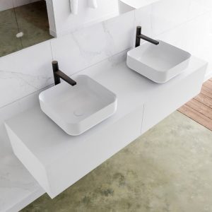 MONDIAZ LAGOM 150 badmeubel solid surface talc 2 lades BINX dubbel 2 kraangaten