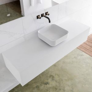 MONDIAZ LAGOM 150 badmeubel solid surface talc 1 lades BINX midden 0 kraangaten