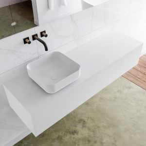 MONDIAZ LAGOM 150 badmeubel solid surface talc 1 lades BINX links 0 kraangaten