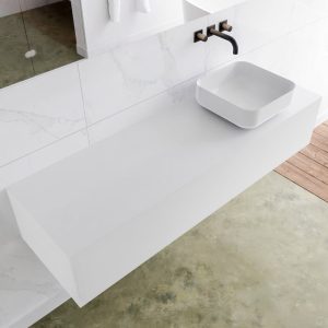 MONDIAZ LAGOM 150 badmeubel solid surface talc 1 lades BINX rechts 0 kraangaten