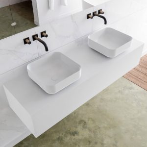 MONDIAZ LAGOM 150 badmeubel solid surface talc 1 lades BINX dubbel 0 kraangaten