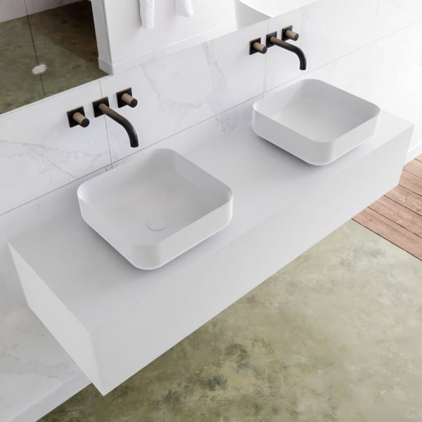MONDIAZ LAGOM 150 badmeubel solid surface talc 1 lades BINX dubbel 0 kraangaten