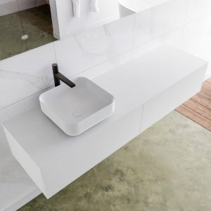 MONDIAZ LAGOM 160 badmeubel solid surface talc 2 lades BINX links 1 kraangat