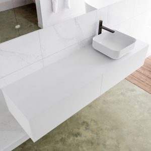 MONDIAZ LAGOM 160 badmeubel solid surface talc 2 lades BINX rechts 1 kraangat