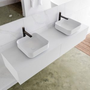 MONDIAZ LAGOM 160 badmeubel solid surface talc 2 lades BINX dubbel 2 kraangaten