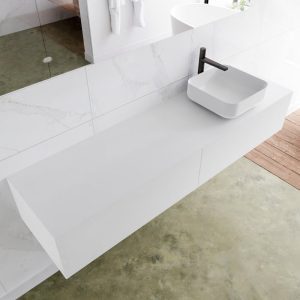 MONDIAZ LAGOM 170 badmeubel solid surface talc 2 lades BINX rechts 1 kraangat