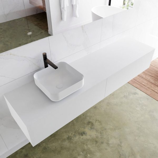 MONDIAZ LAGOM 180 badmeubel solid surface talc 2 lades BINX links 1 kraangat