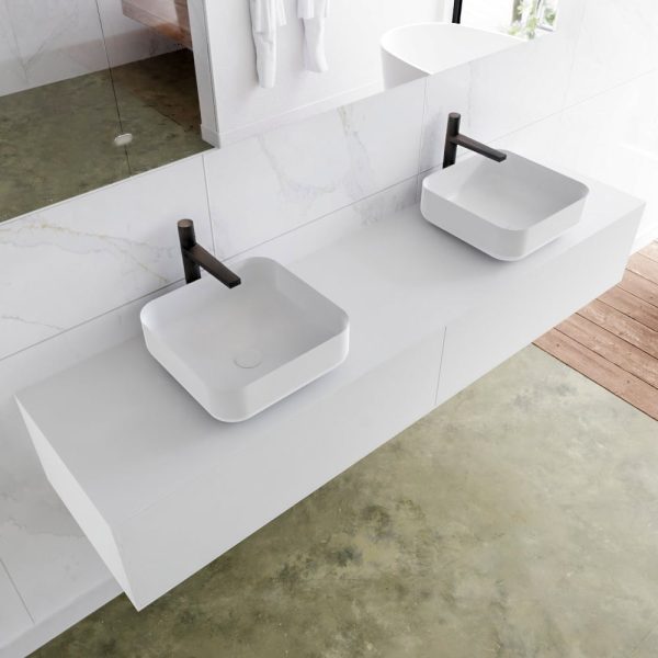 MONDIAZ LAGOM 180 badmeubel solid surface talc 2 lades BINX dubbel 2 kraangaten