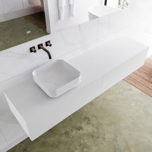 MONDIAZ LAGOM 180 badmeubel solid surface talc 2 lades BINX links 0 kraangaten