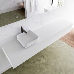 MONDIAZ LAGOM 200 badmeubel solid surface talc 2 lades BINX links 1 kraangat