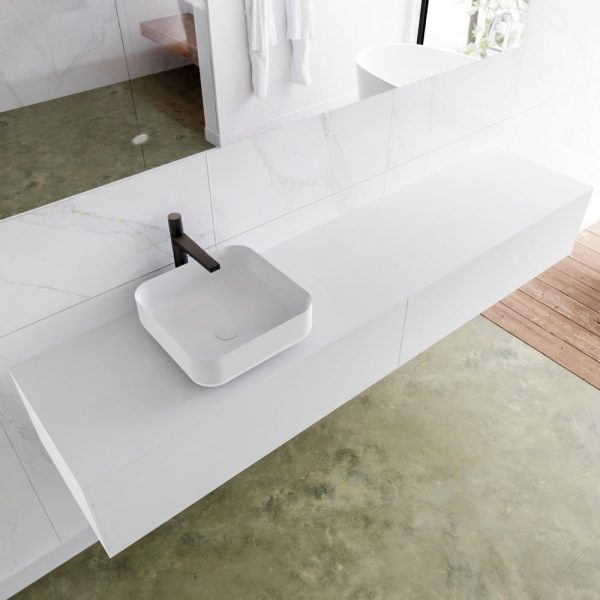MONDIAZ LAGOM 200 badmeubel solid surface talc 2 lades BINX links 1 kraangat