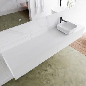 MONDIAZ LAGOM 200 badmeubel solid surface talc 2 lades BINX rechts 1 kraangat