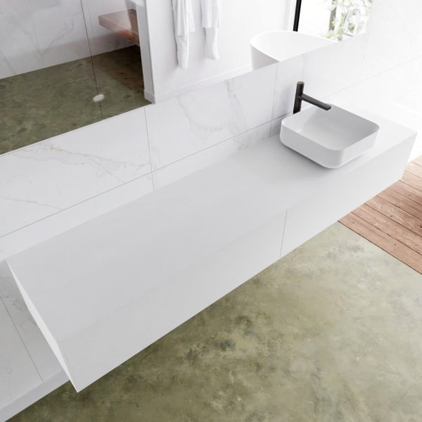 MONDIAZ LAGOM 200 badmeubel solid surface talc 2 lades BINX rechts 1 kraangat