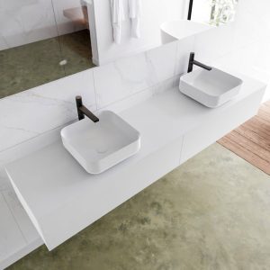 MONDIAZ LAGOM 200 badmeubel solid surface talc 2 lades BINX dubbel 2 kraangaten