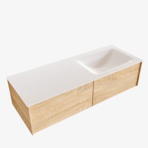 MONDIAZ LUSH 120 badmeubel washed oak 2 lades wastafel CLOUD rechts 1 kraangat