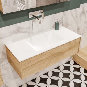 MONDIAZ LUSH 100 badmeubel washed oak 1 lade wastafel midden geen kraangat