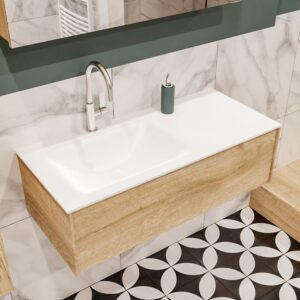 MONDIAZ LUSH 100cm badmeubel washed oak 1 lade wastafel CLOUD links 1 kraangat