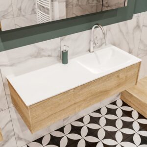 MONDIAZ LUSH 120 badmeubel washed oak 1 lade wastafel CLOUD rechts 1 kraangat