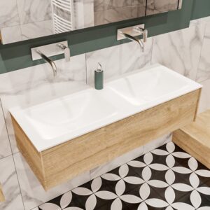 MONDIAZ LUSH 120 badmeubel washed oak 1 lade wastafel dubbel geen kraangat