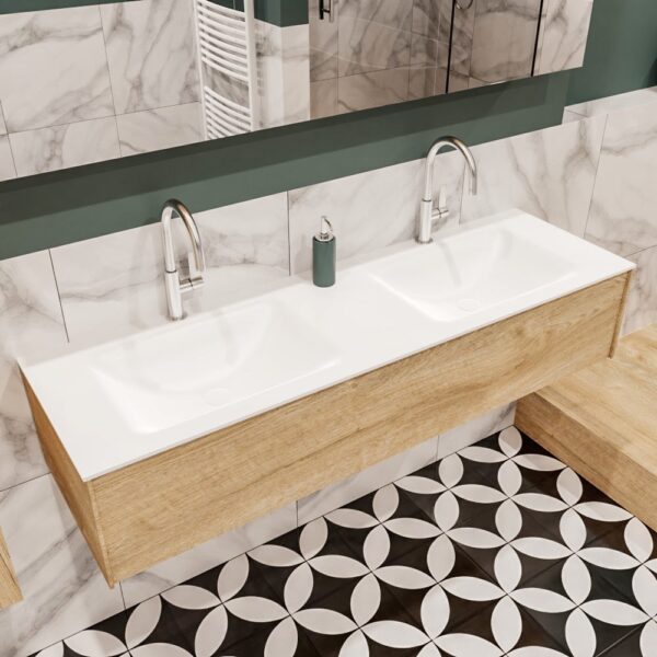 MONDIAZ LUSH 150 badmeubel washed oak 1 lade wastafel dubbel 2 kraangaten