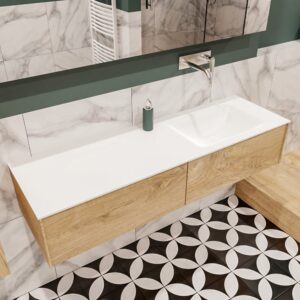 MONDIAZ LUSH 150 badmeubel washed oak 2 lades wastafel rechts geen kraangat