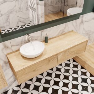 MONDIAZ LUSH 150 badmeubel washed oak 2 lades wastafel BARCO links 1 kraangat