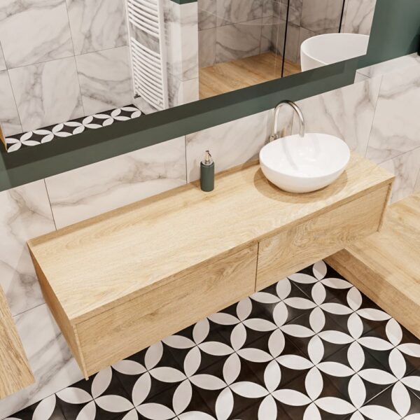 MONDIAZ LUSH 150 badmeubel washed oak 2 lades wastafel BARCO rechts 1 kraangat