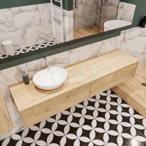 MONDIAZ LUSH 180 badmeubel washed oak 2 lades wastafel BARCO links 1 kraangat