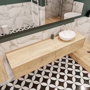MONDIAZ LUSH 180 badmeubel washed oak 2 lades wastafel BARCO rechts 1 kraangat