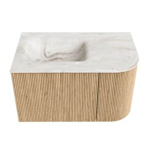 MONDIAZ KURVE-DLUX 75cm badmeubel ronding Rechts kleur Oak met 1 lade en 1 deur. Wastafel GRUNNE Links 1 kraangat Frappe.