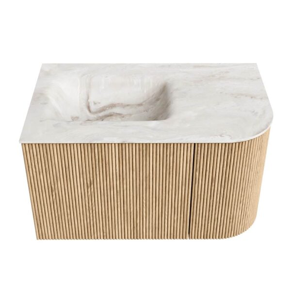MONDIAZ KURVE-DLUX 75cm badmeubel ronding Rechts kleur Oak met 1 lade en 1 deur. Wastafel GRUNNE Links 1 kraangat Frappe.