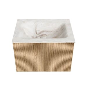 MONDIAZ KURVE-DLUX 60cm badmeubel kleur Oak met 1 lade en 0 deuren. Wastafel CLOUD Midden 1 kraangat Frappe.