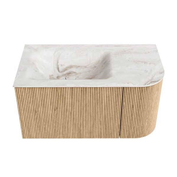 MONDIAZ KURVE-DLUX 85cm badmeubel ronding Rechts kleur Oak met 1 lade en 1 deur. Wastafel CLOUD Links 1 kraangat Frappe.