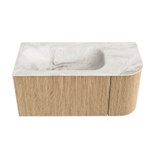 MONDIAZ KURVE-DLUX 95cm badmeubel ronding Rechts kleur Oak met 1 lade en 1 deur. Wastafel BIG SMALL Links zonder kraangat Frappe.