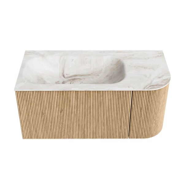 MONDIAZ KURVE-DLUX 95cm badmeubel ronding Rechts kleur Oak met 1 lade en 1 deur. Wastafel BIG SMALL Links zonder kraangat Frappe.