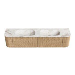 MONDIAZ KURVE-DLUX 200cm badmeubel ronding Links + Rechts kleur Oak met 2 lades en 2 deuren. Wastafel STOR SMALL Dubbel 2 kraangaten Frappe.