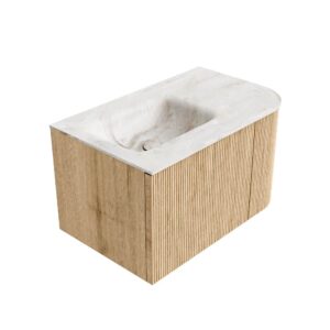 MONDIAZ KURVE-DLUX 75cm badmeubel ronding Rechts kleur Oak met 1 lade en 1 deur. Wastafel GRUNNE Links 1 kraangat Frappe.