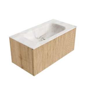 MONDIAZ KURVE-DLUX 90cm badmeubel kleur Oak met 1 lade en 0 deuren. Wastafel BIG SMALL Midden zonder kraangat Frappe.