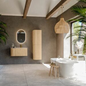 MONDIAZ KURVE-DLUX 85cm badmeubel ronding Links kleur Oak met 1 lade en 1 deur. Wastafel CLOUD Rechts 1 kraangat Frappe.