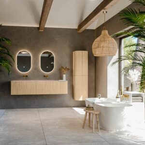 MONDIAZ KURVE-DLUX 175cm badmeubel ronding Rechts kleur Oak met 2 lades en 1 deur. Wastafel STOR SMALL Dubbel / Links zonder kraangat Frappe.