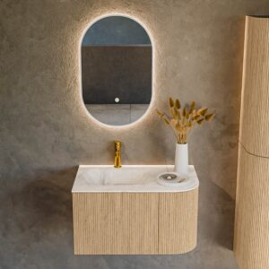 MONDIAZ KURVE-DLUX 75cm badmeubel ronding Rechts kleur Oak met 1 lade en 1 deur. Wastafel GRUNNE Links 1 kraangat Frappe.