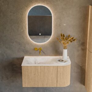 MONDIAZ KURVE-DLUX 85cm badmeubel ronding Rechts kleur Oak met 1 lade en 1 deur. Wastafel CLOUD Links zonder kraangat Frappe.