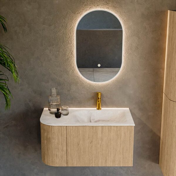 MONDIAZ KURVE-DLUX 85cm badmeubel ronding Links kleur Oak met 1 lade en 1 deur. Wastafel CLOUD Rechts 1 kraangat Frappe.