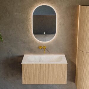 MONDIAZ KURVE-DLUX 80cm badmeubel kleur Oak met 1 lade en 0 deuren. Wastafel BIG SMALL Midden zonder kraangat Frappe.